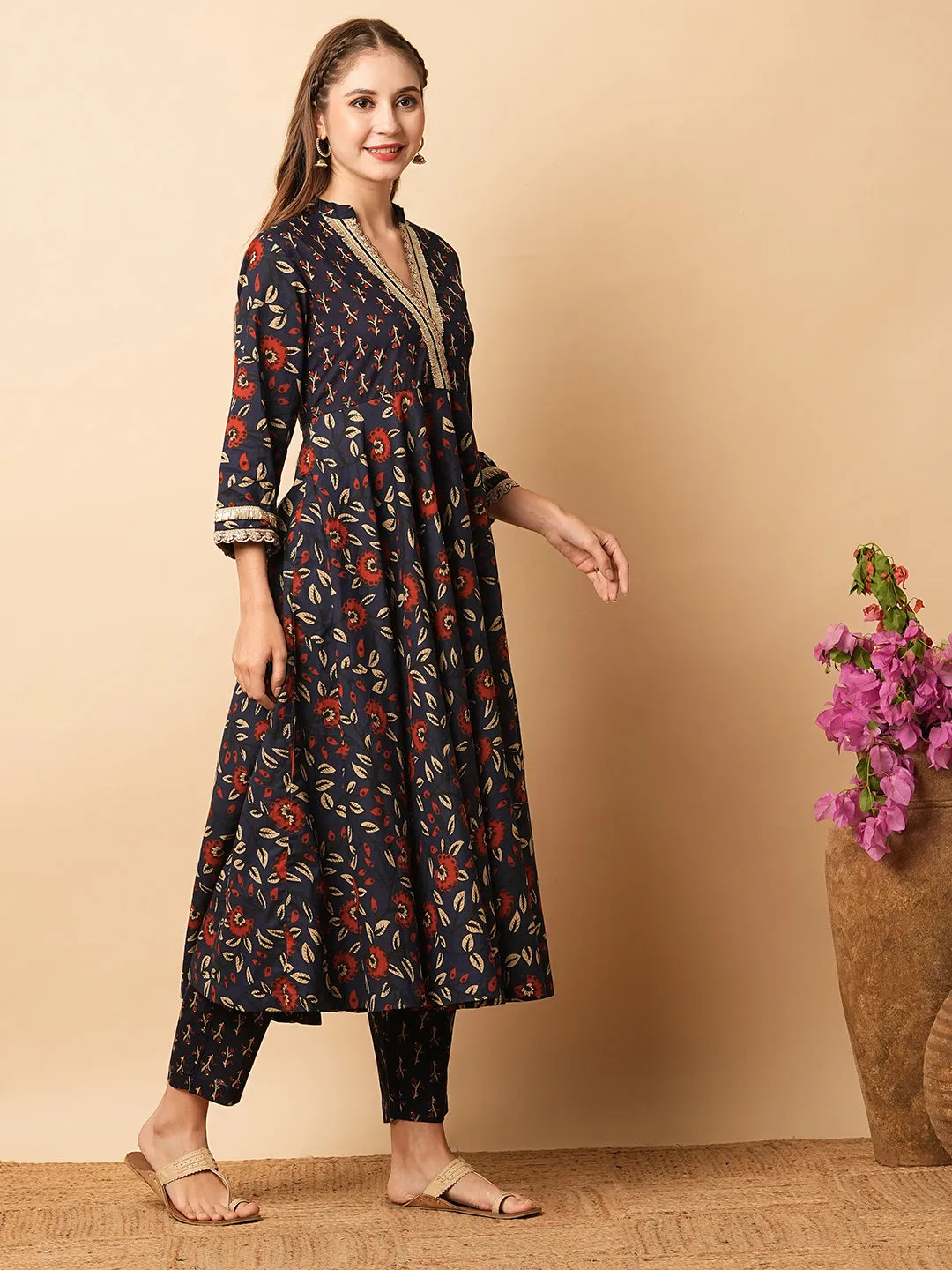 Ethnic Floral Printed & Embroidered A-Line Flared Kurta with Pant - Navy Blue