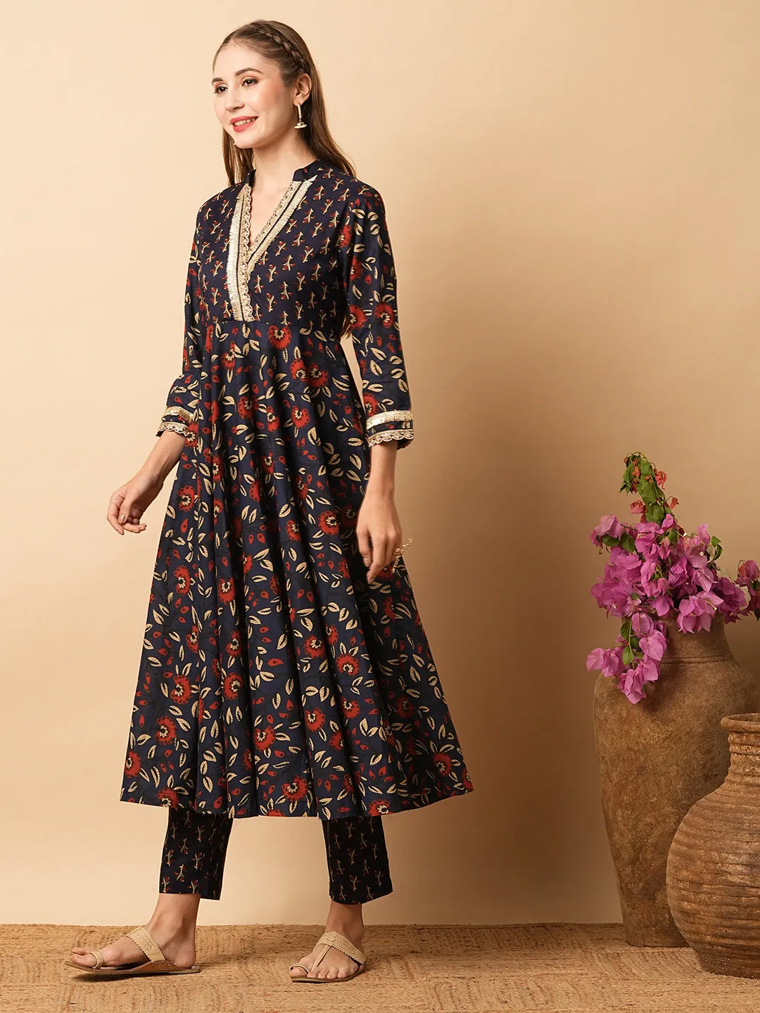 Ethnic Floral Printed & Embroidered A-Line Flared Kurta with Pant - Navy Blue