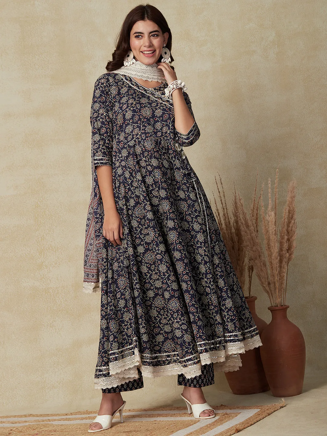 Ethnic Floral Printed & Embroidered A-line Kurta with Pant & Dupatta - Navy Blue