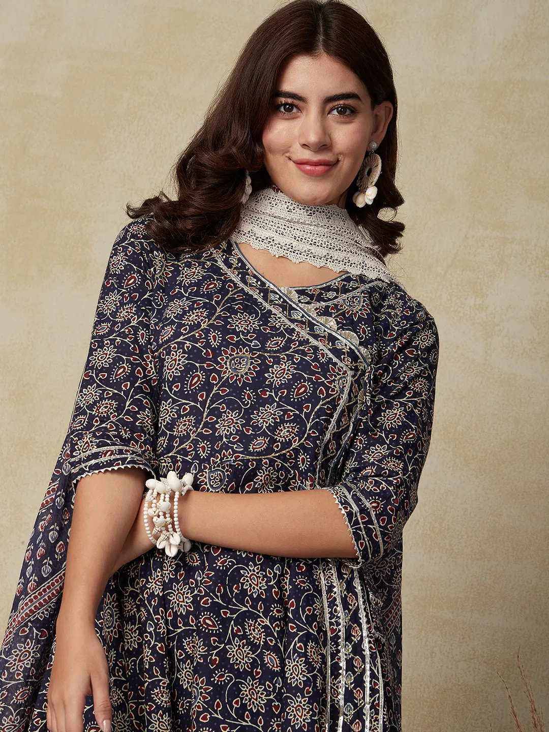 Ethnic Floral Printed & Embroidered A-line Kurta with Pant & Dupatta - Navy Blue