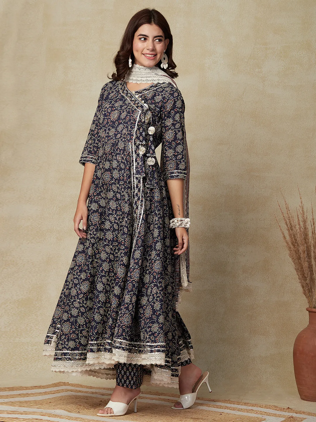 Ethnic Floral Printed & Embroidered A-line Kurta with Pant & Dupatta - Navy Blue