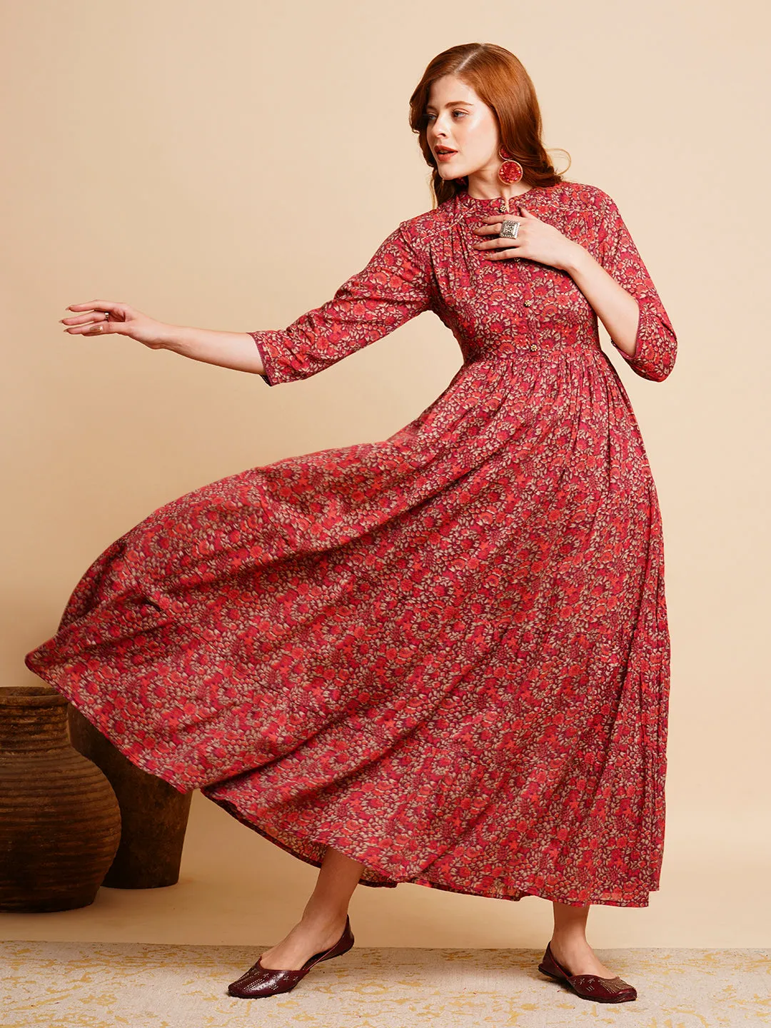 Ethnic Floral Printed & Embroidered A-Line Pleated Tiered Maxi Dress - Burgundy