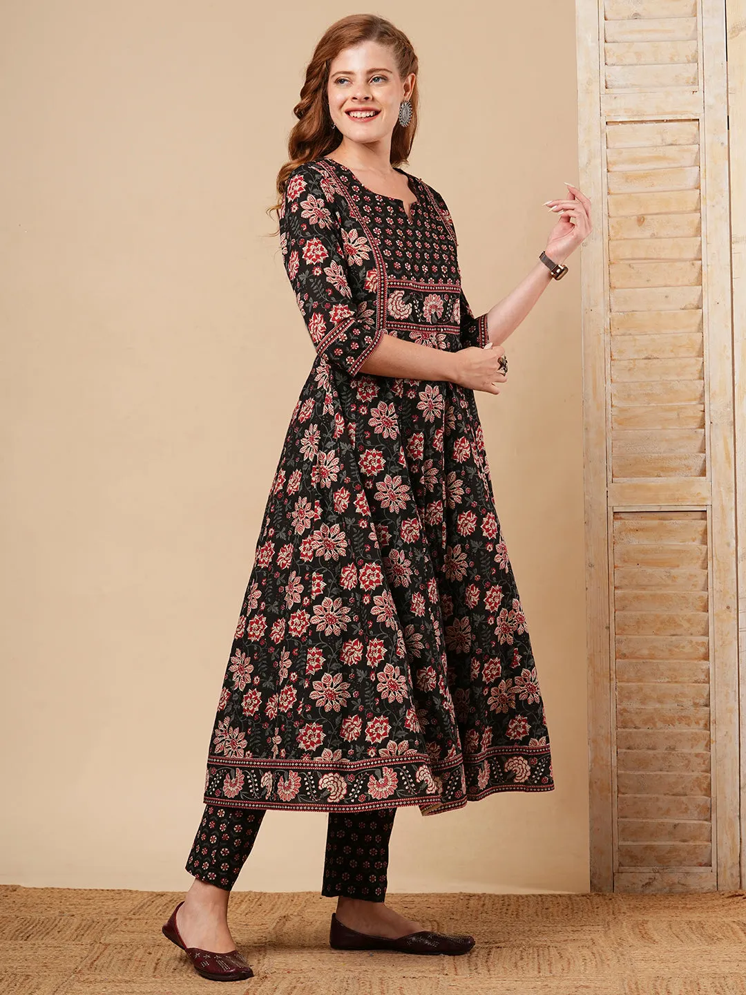 Ethnic Floral Printed & Embroidered Anarkali Kurta with Pant - Black