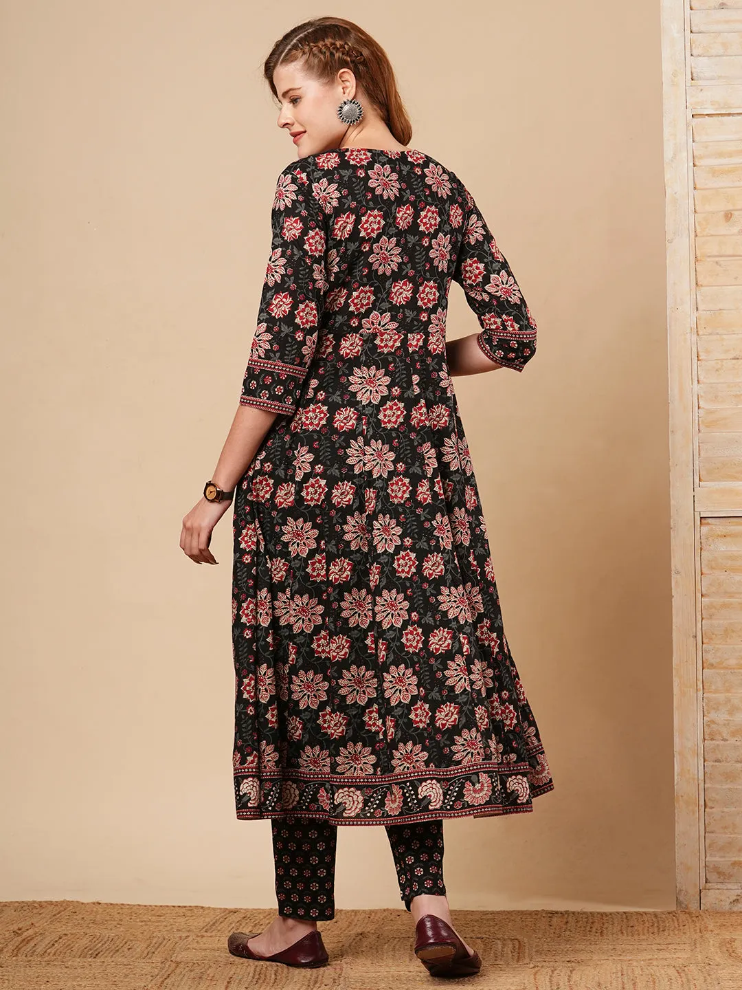 Ethnic Floral Printed & Embroidered Anarkali Kurta with Pant - Black