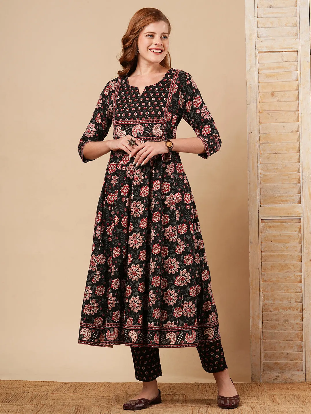 Ethnic Floral Printed & Embroidered Anarkali Kurta with Pant - Black