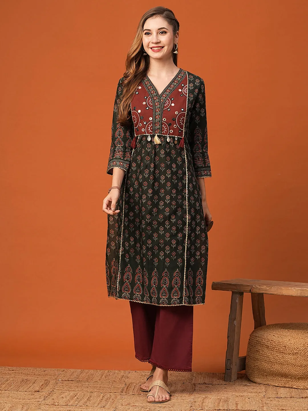 Ethnic Floral Printed & Embroidered Straight Fit Kurta - Green