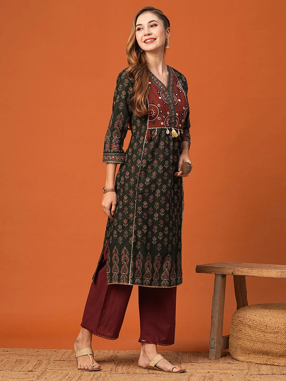 Ethnic Floral Printed & Embroidered Straight Fit Kurta - Green