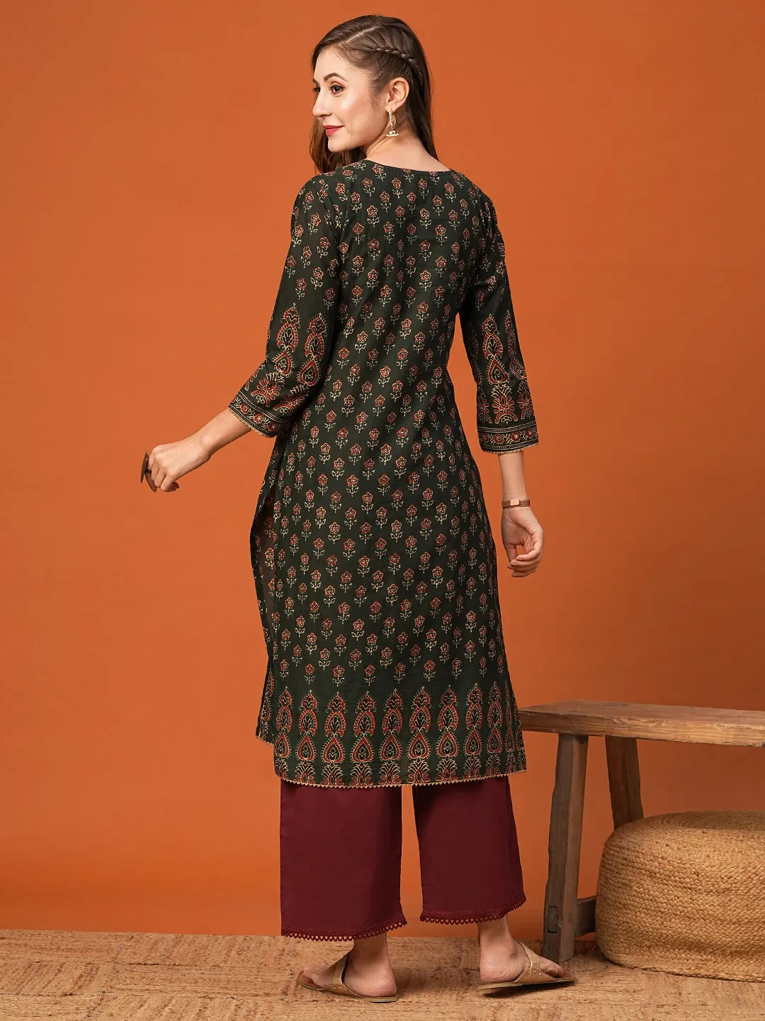 Ethnic Floral Printed & Embroidered Straight Fit Kurta - Green