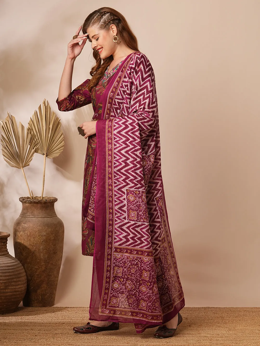 Ethnic Floral Printed & Embroidered Straight Fit Kurta with Pant & Dupatta - Burgundy