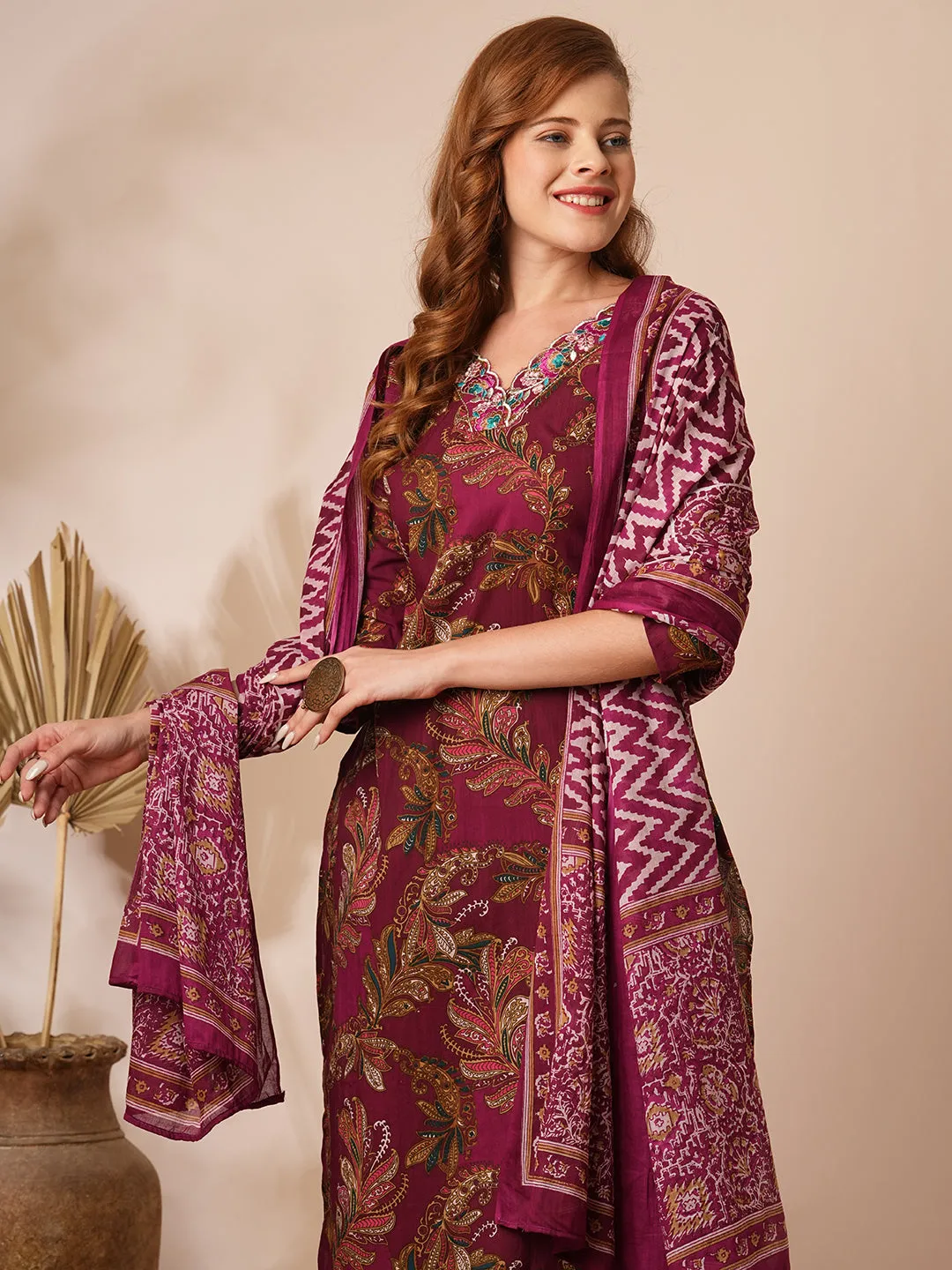 Ethnic Floral Printed & Embroidered Straight Fit Kurta with Pant & Dupatta - Burgundy