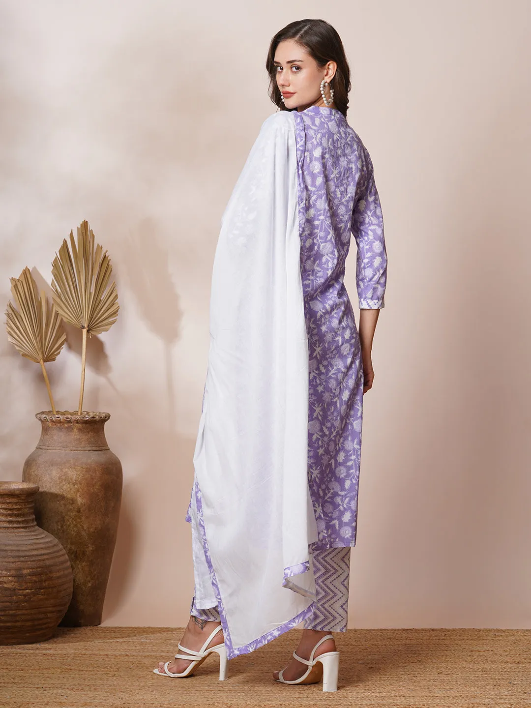 Ethnic Floral Printed & Embroidered Straight Fit Kurta with Pant and Dupatta - Lavender