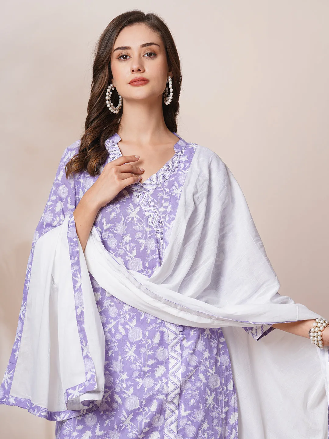 Ethnic Floral Printed & Embroidered Straight Fit Kurta with Pant and Dupatta - Lavender