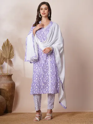 Ethnic Floral Printed & Embroidered Straight Fit Kurta with Pant and Dupatta - Lavender