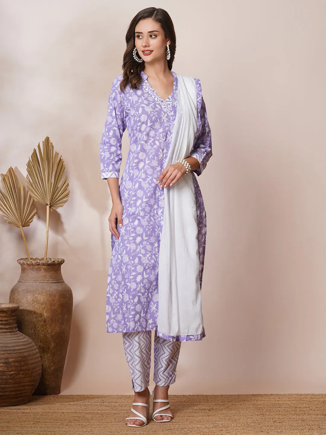 Ethnic Floral Printed & Embroidered Straight Fit Kurta with Pant and Dupatta - Lavender