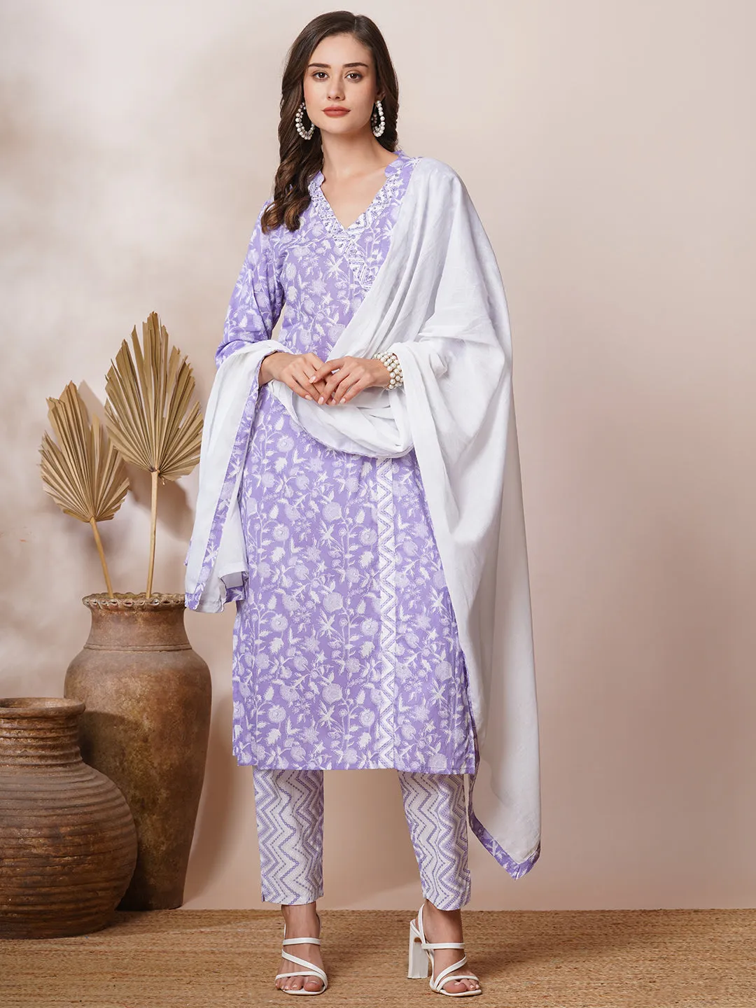 Ethnic Floral Printed & Embroidered Straight Fit Kurta with Pant and Dupatta - Lavender