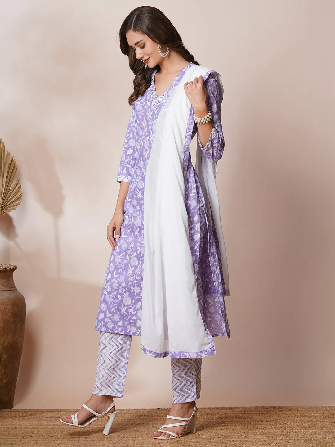 Ethnic Floral Printed & Embroidered Straight Fit Kurta with Pant and Dupatta - Lavender