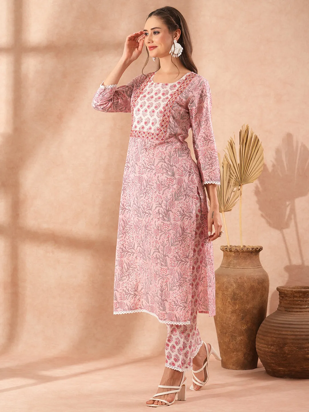 Ethnic Floral Printed & Embroidered Straight Fit Kurta with Pant - Light Pink