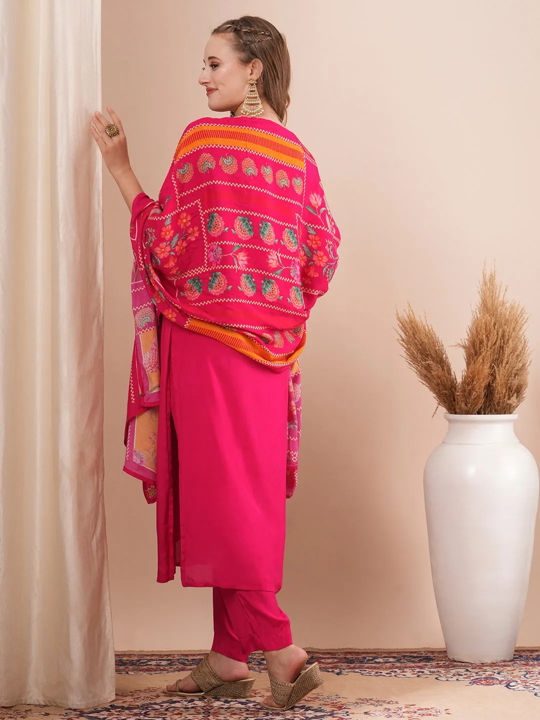 Ethnic Floral Printed & Hand Embroidered Straight Fit Kurta with Pant and Dupatta - Pink