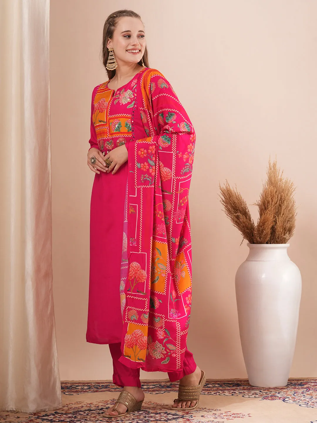 Ethnic Floral Printed & Hand Embroidered Straight Fit Kurta with Pant and Dupatta - Pink