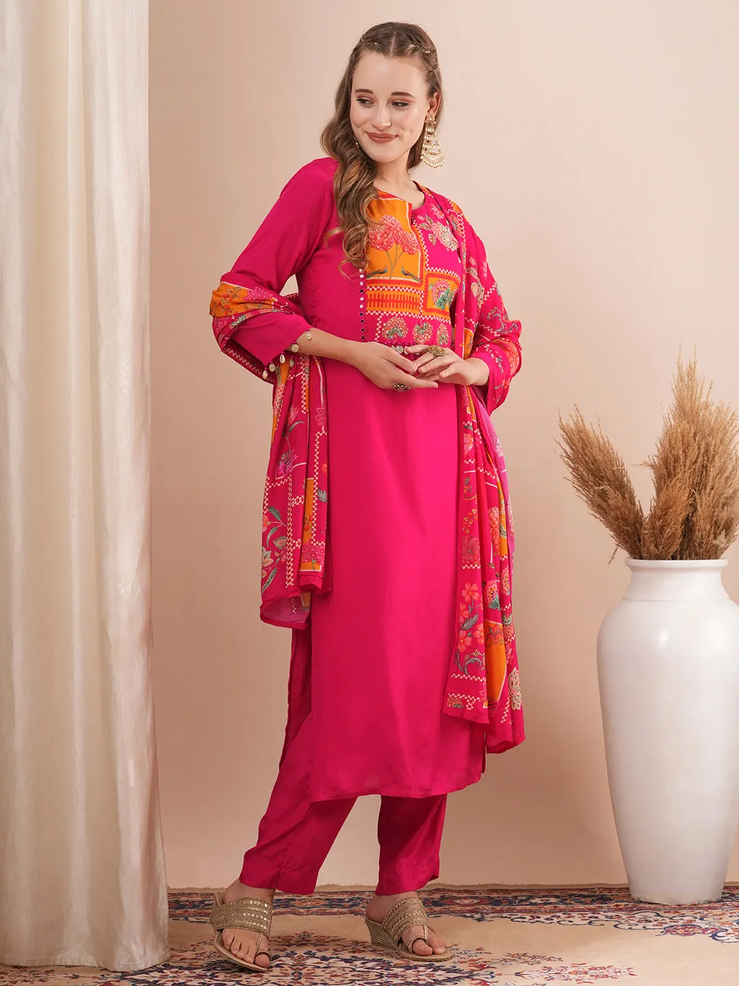 Ethnic Floral Printed & Hand Embroidered Straight Fit Kurta with Pant and Dupatta - Pink