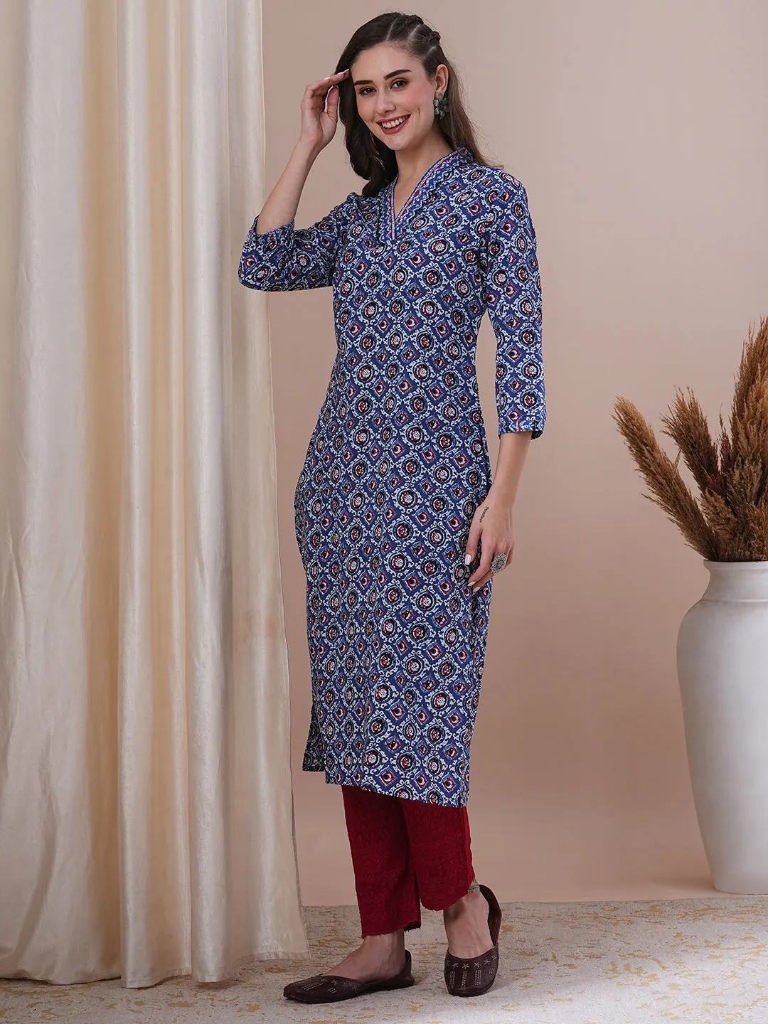 Ethnic Floral Printed & Sequin Embroidered Straight Fit Kurta - Blue