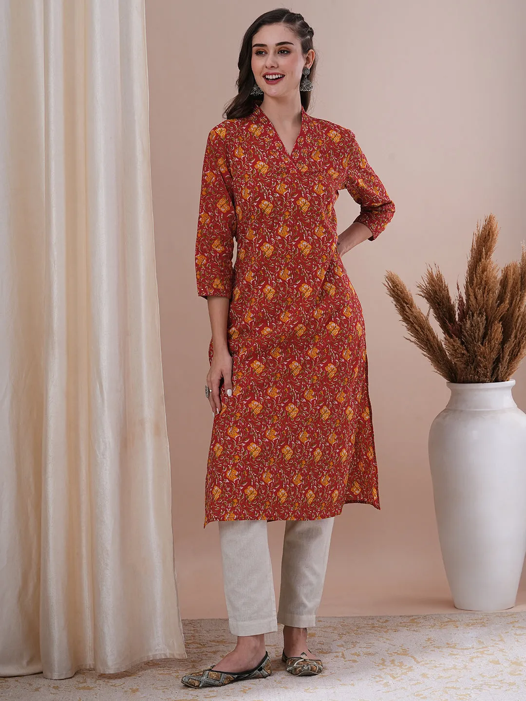 Ethnic Floral Printed & Sequin Embroidered Straight Fit Kurta - Red