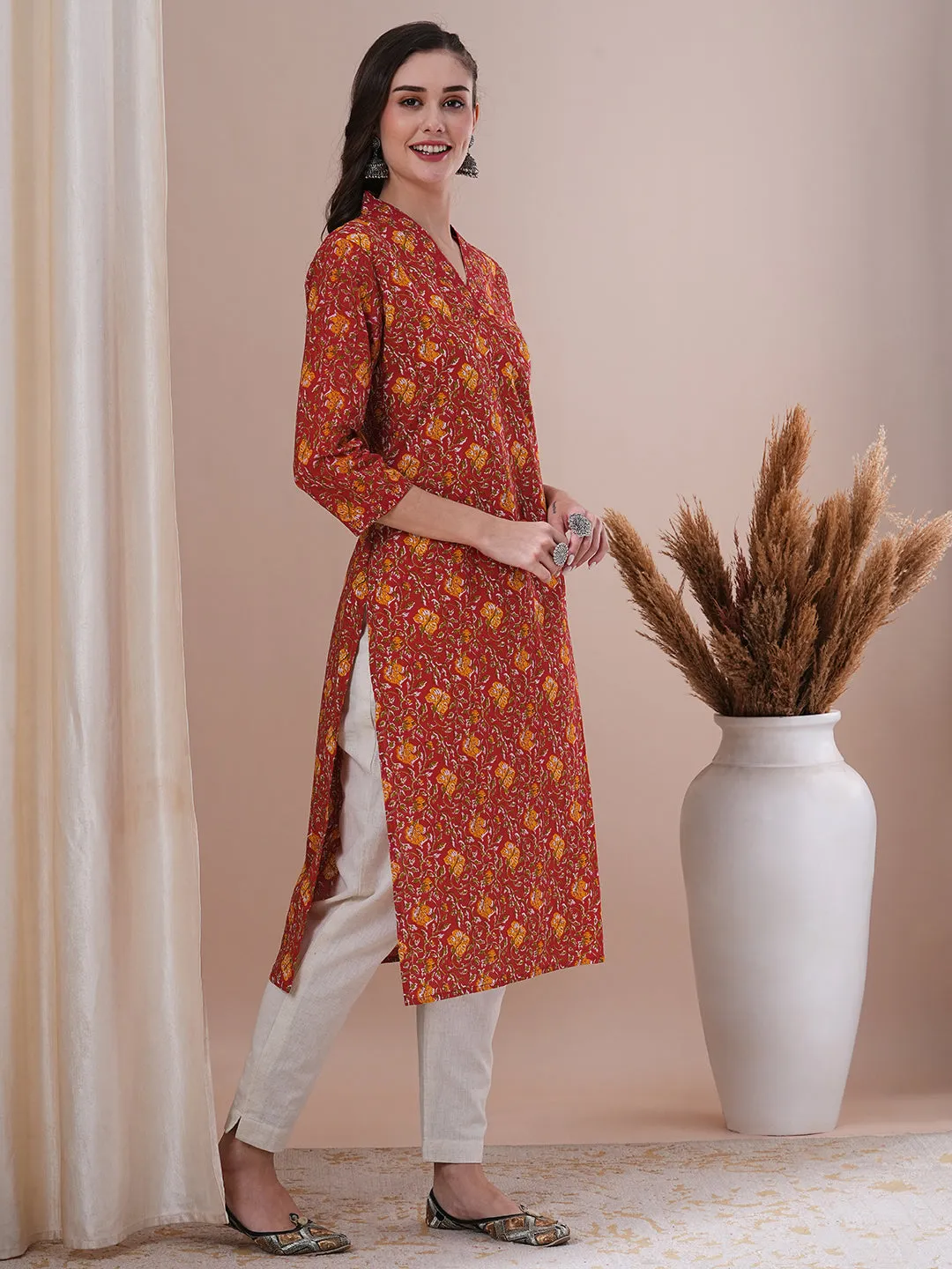 Ethnic Floral Printed & Sequin Embroidered Straight Fit Kurta - Red