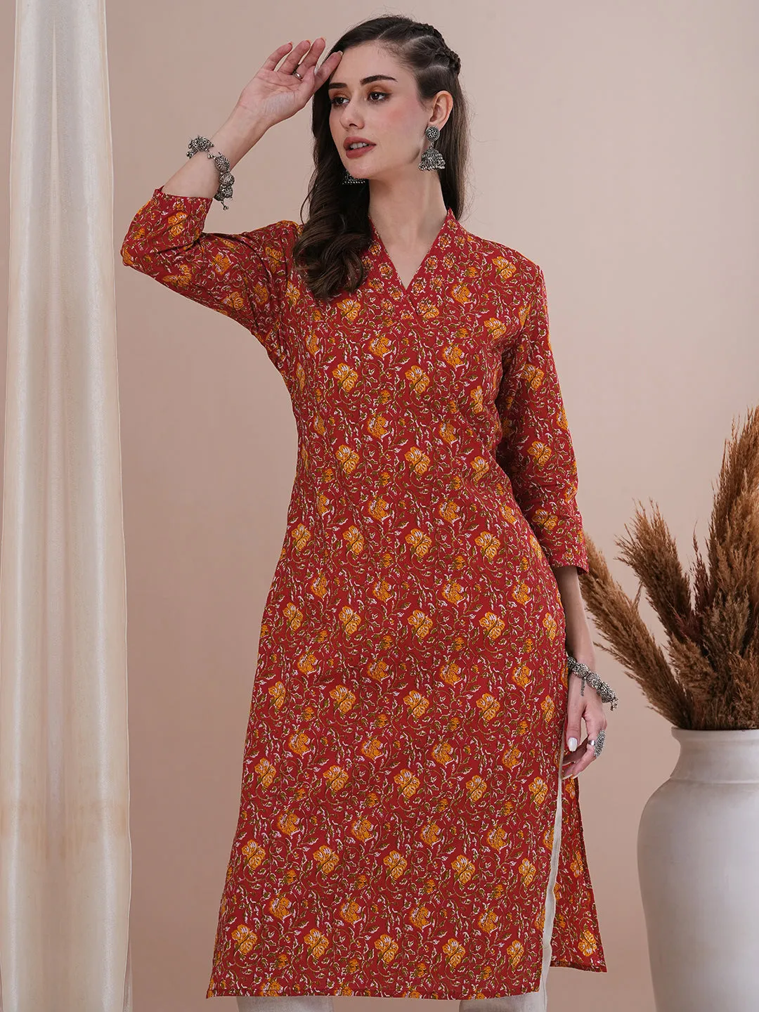 Ethnic Floral Printed & Sequin Embroidered Straight Fit Kurta - Red