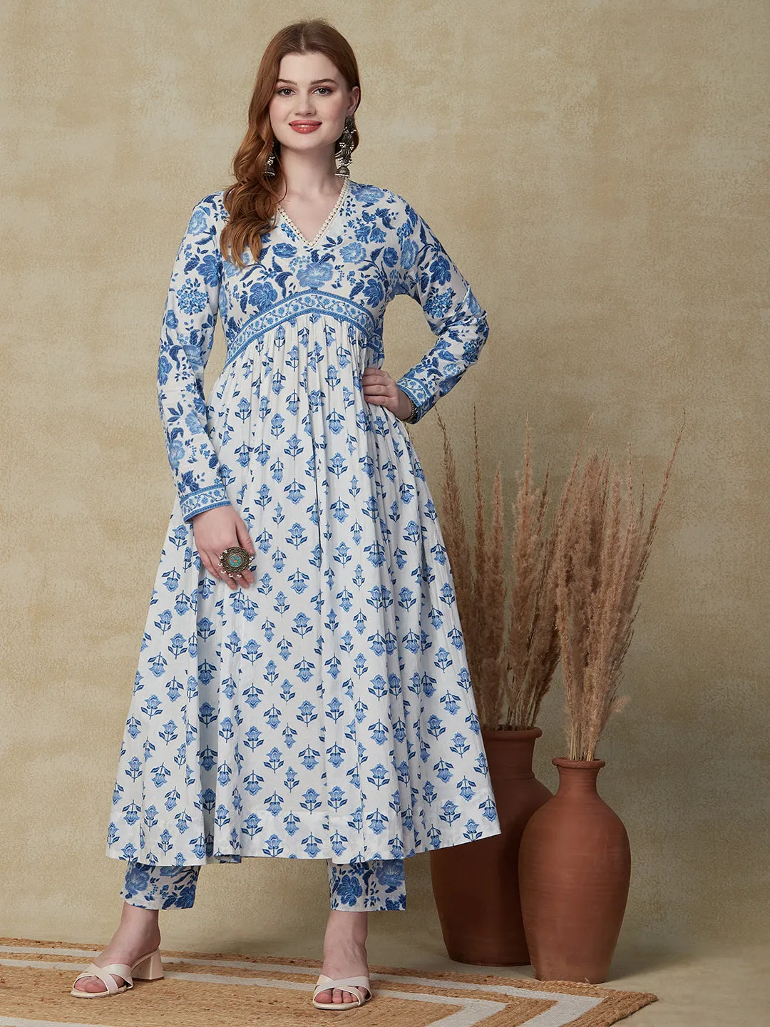 Ethnic Floral Printed Anarkali Flared Kurta with Pant - White & Blue