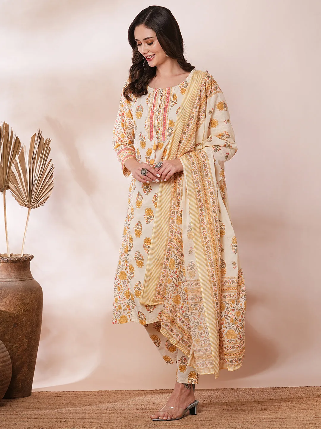 Ethnic Floral Printed Embroidered Straight Fit Kurta with Pant and Dupatta - Cream