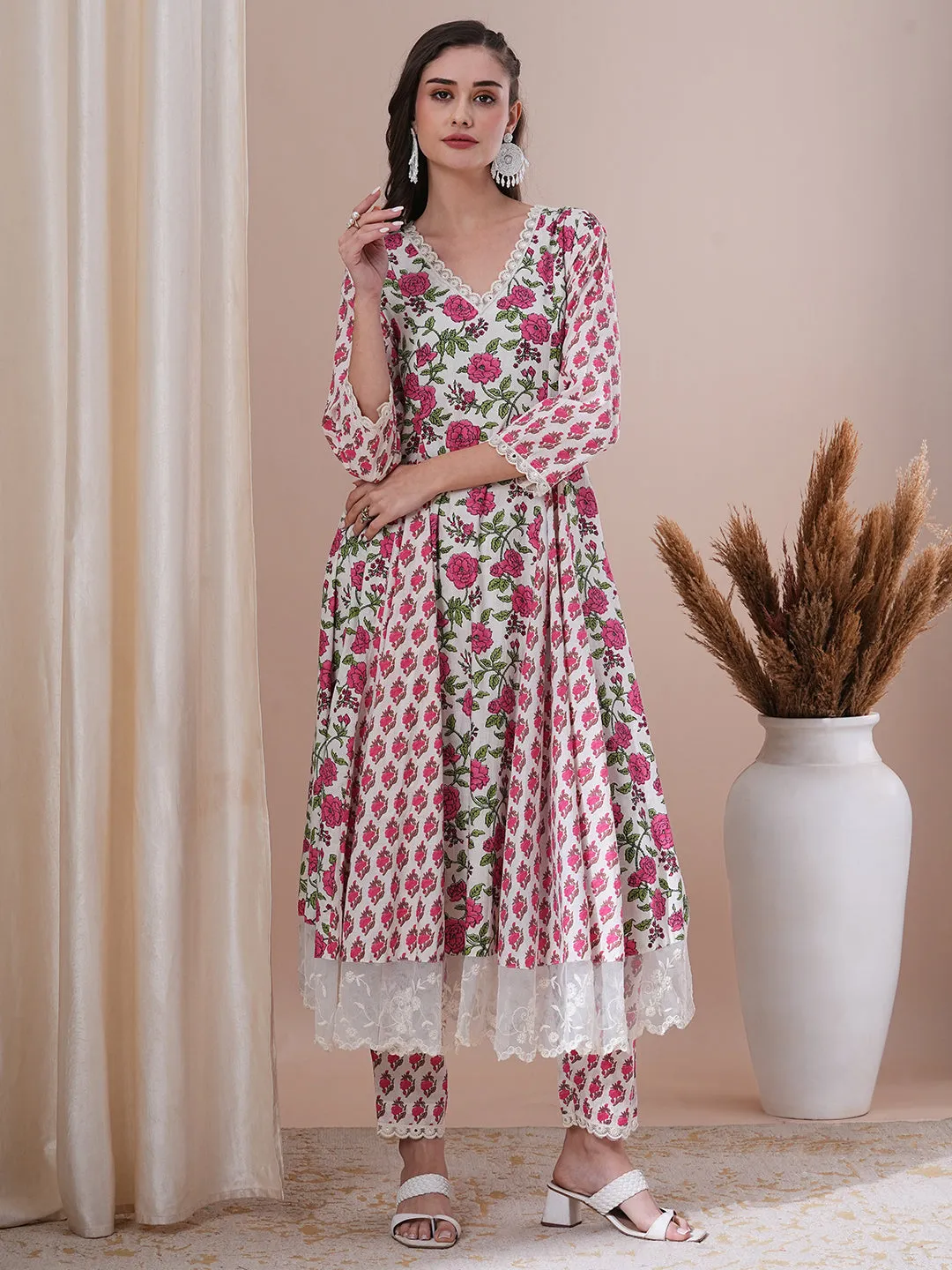 Ethnic Floral Printed Flared Anarkali Kurta with Pant - White