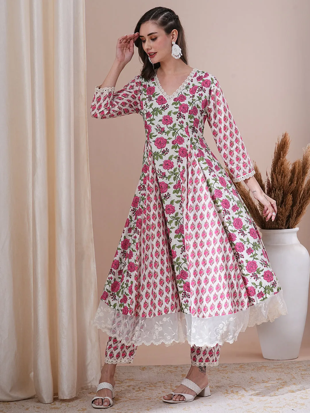 Ethnic Floral Printed Flared Anarkali Kurta with Pant - White