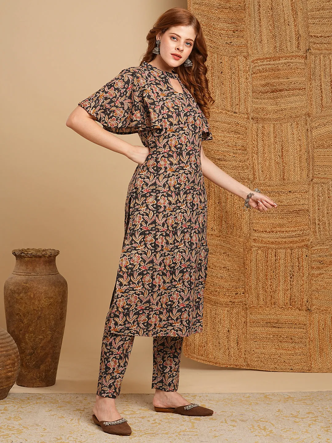 Ethnic Floral Printed Straight Fit Co-ord Set - Black