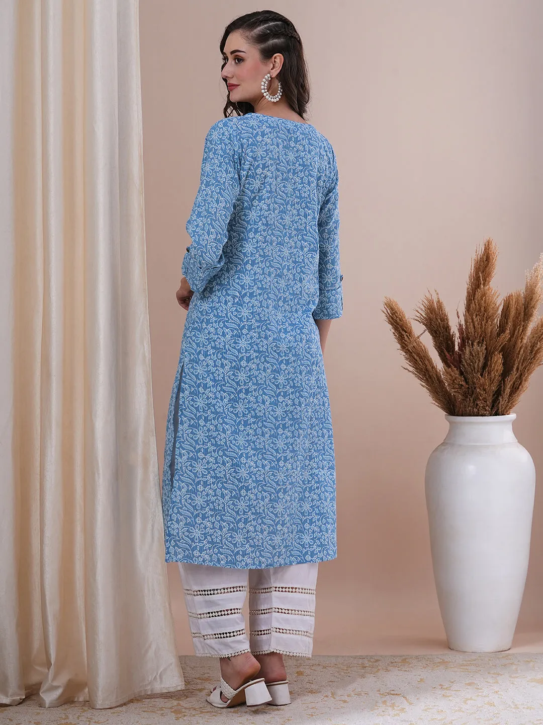 Ethnic Floral Printed Straight Fit Kurta - Blue