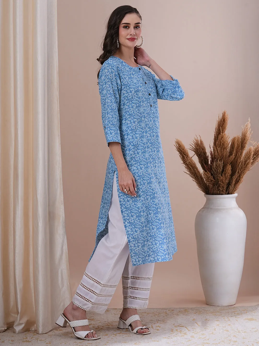 Ethnic Floral Printed Straight Fit Kurta - Blue