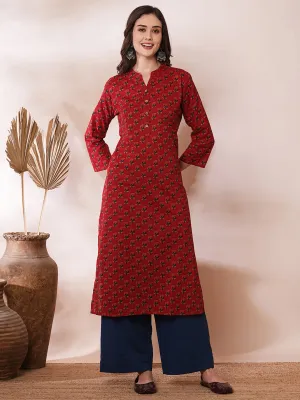 Ethnic Floral Printed Straight Fit Kurta - Red