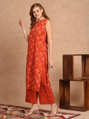 Ethnic Floral Printed Straight Fit Kurta with Palazzo- Rust