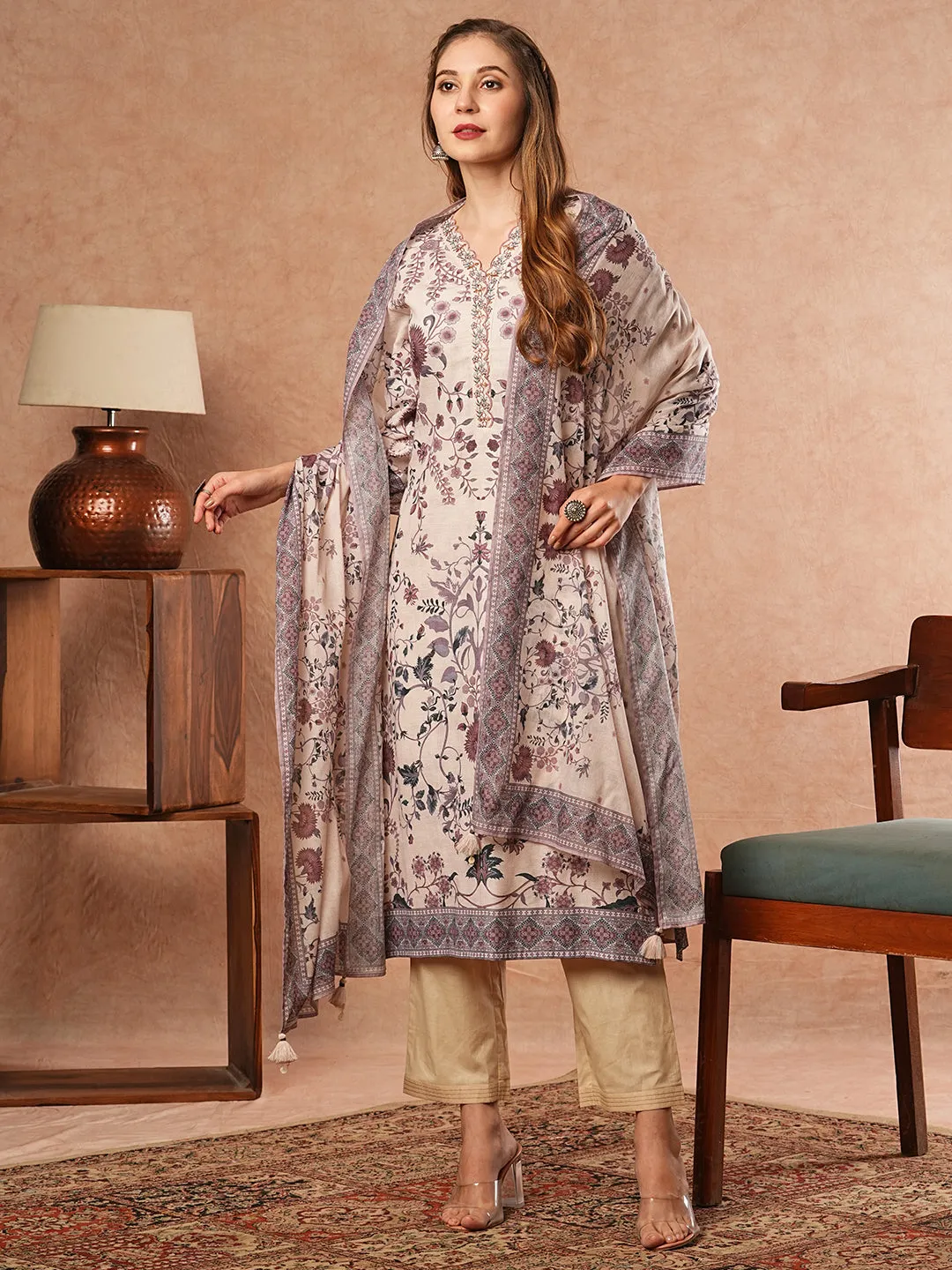 Ethnic Floral Printed Straight Fit Kurta with Pant & Dupatta - Off White