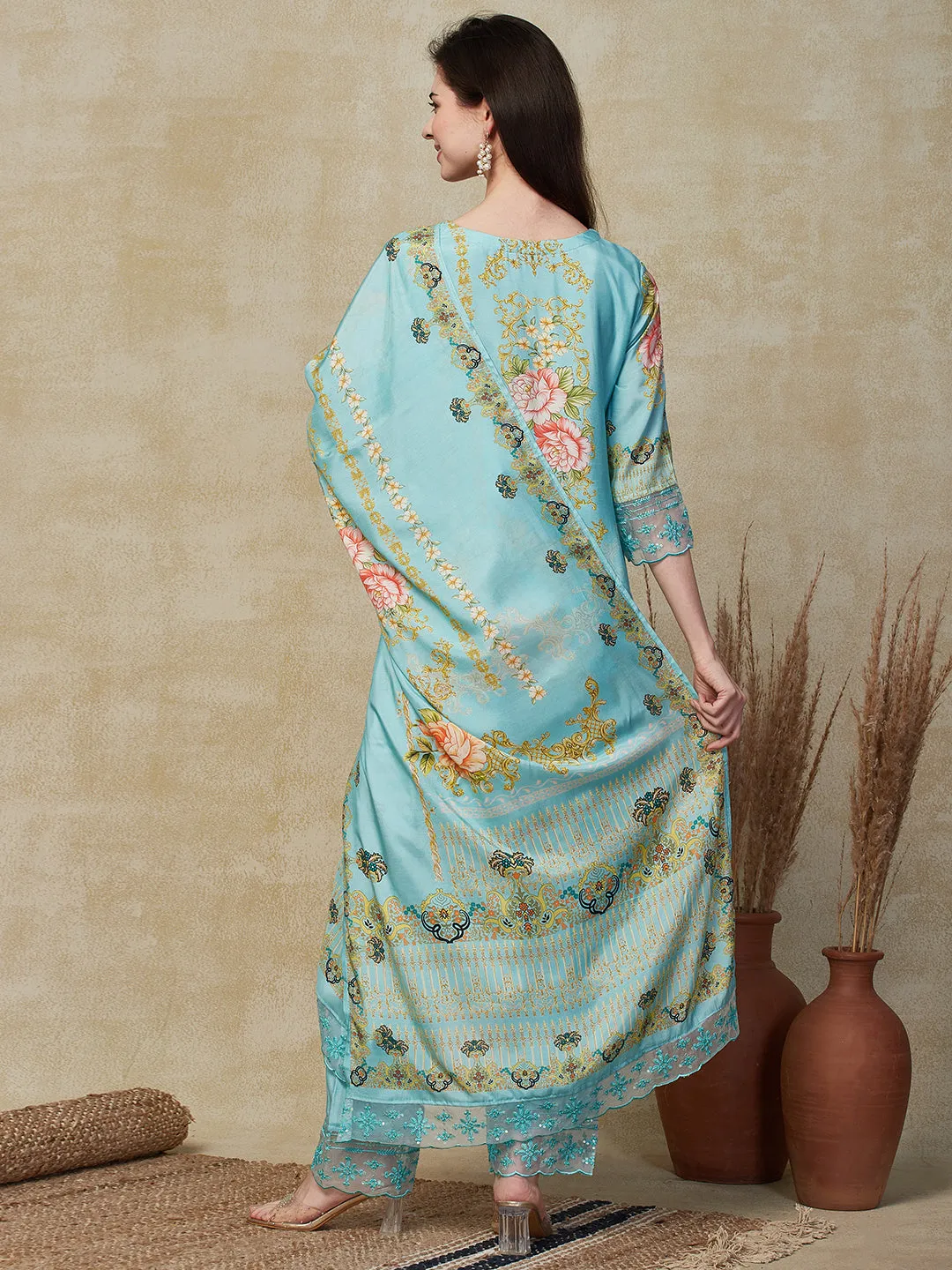 Ethnic Floral Printed Straight Fit Kurta with Pant & Dupatta - Turquoise Blue