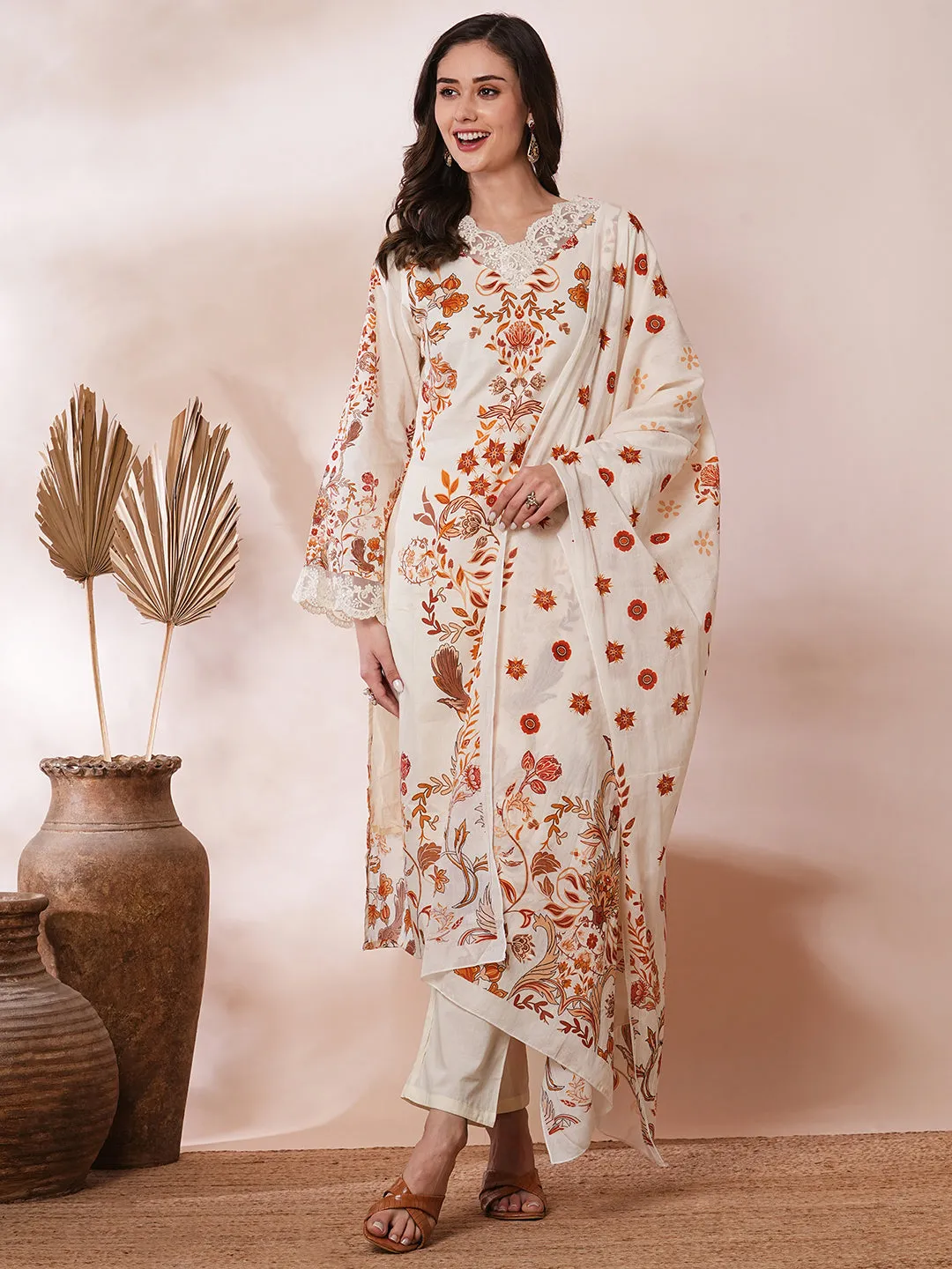 Ethnic Floral Printed Straight Fit Kurta with Pant and Dupatta - Cream