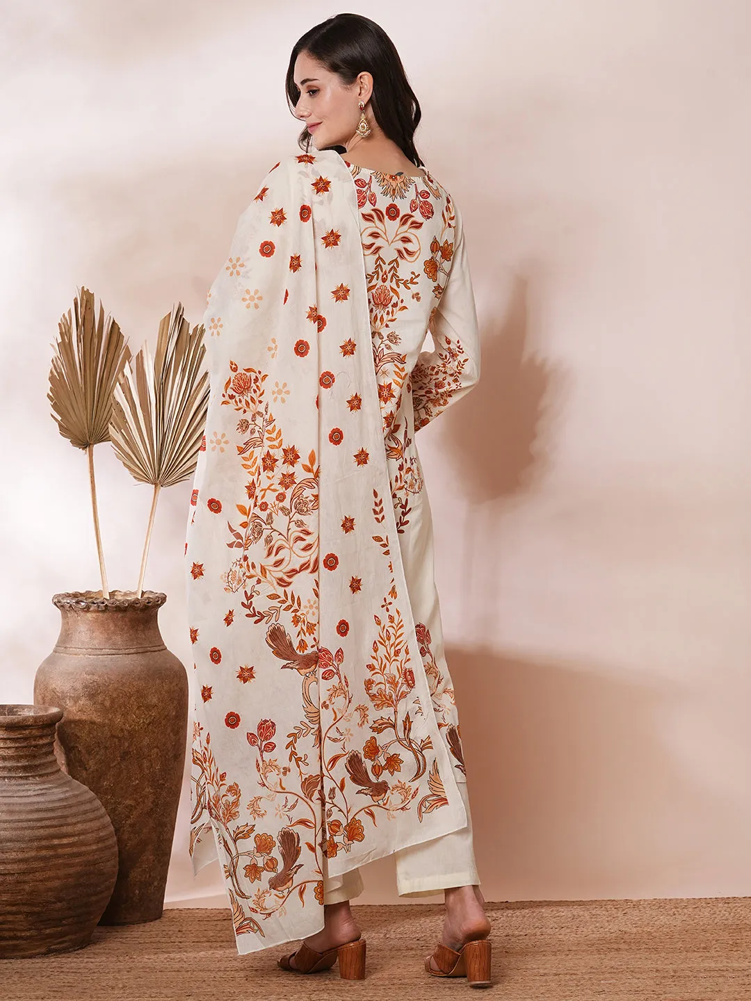 Ethnic Floral Printed Straight Fit Kurta with Pant and Dupatta - Cream