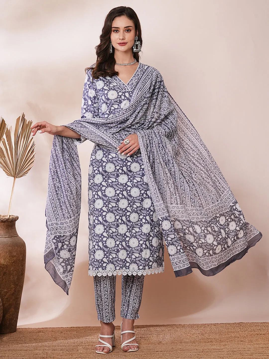 Ethnic Floral Printed Straight Fit Kurta with Pant and Pure Cotton Dupatta - Purple