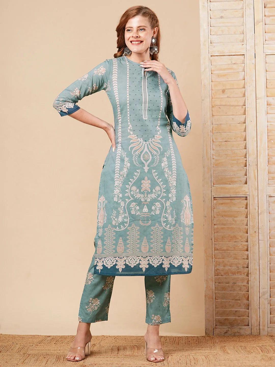 Ethnic Floral Printed Straight Kurta with Pant - Blue