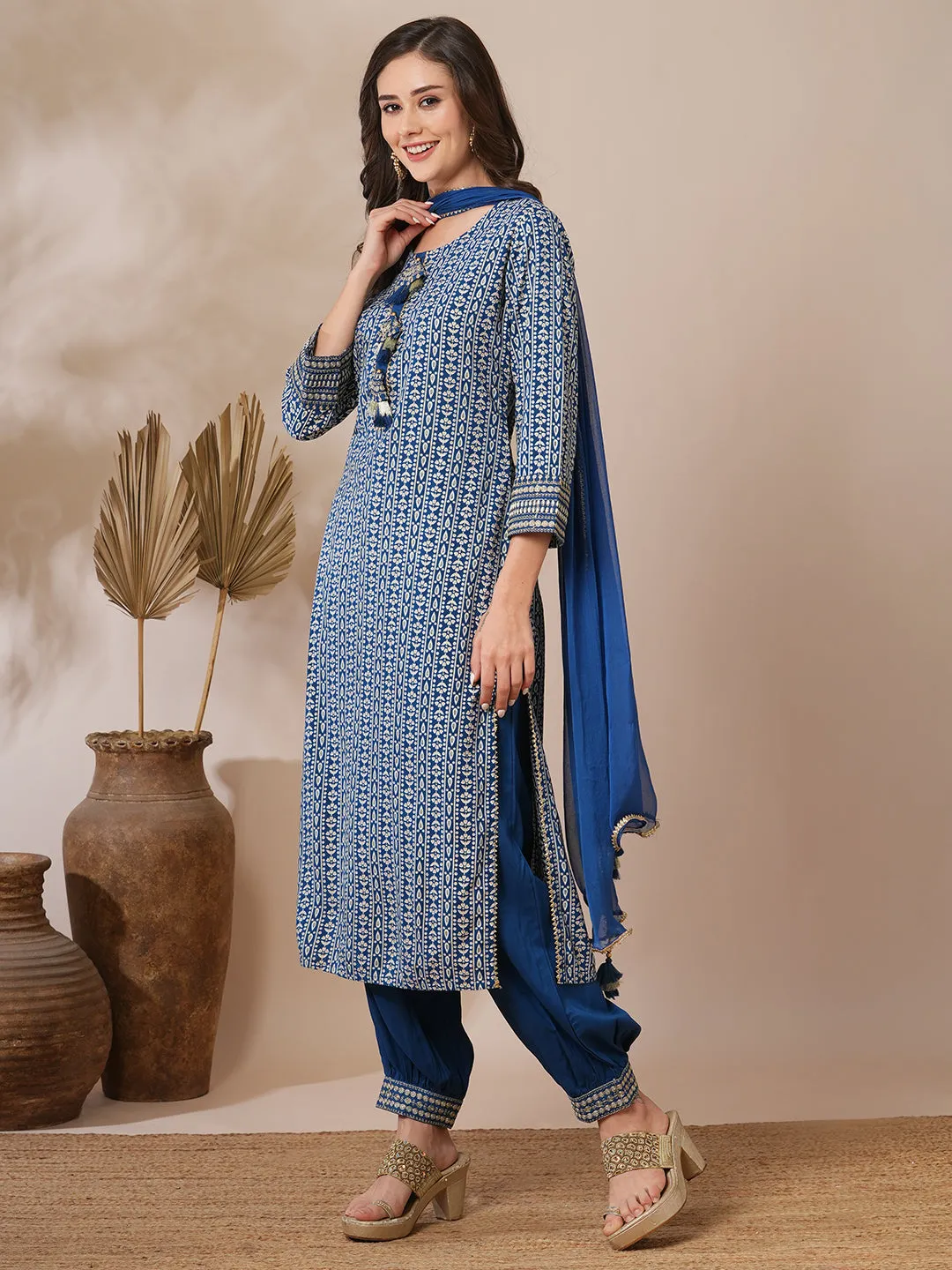 Ethnic Floral Stripes Printed Straight Fit Kurta with Pant and Dupatta - Teal Blue