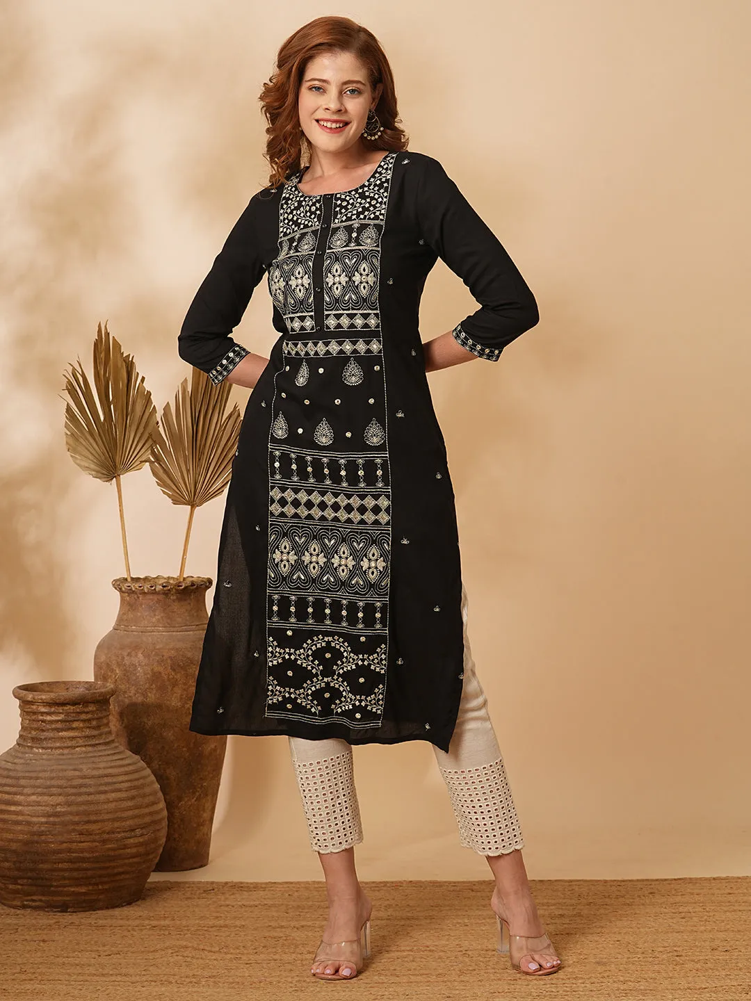 Ethnic Floral Zari & Mirror Embroidered Straight Fit Kurta - Black