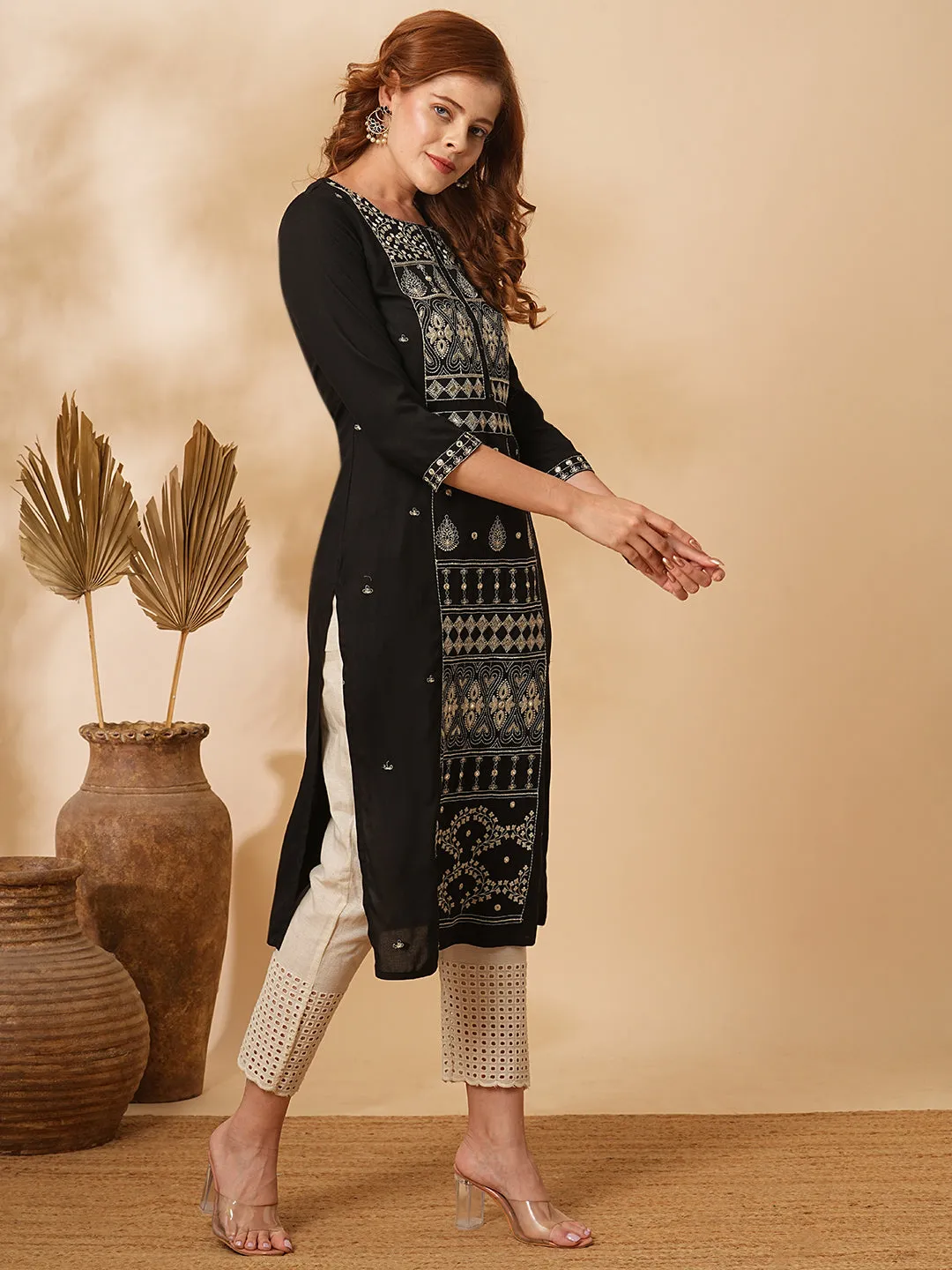 Ethnic Floral Zari & Mirror Embroidered Straight Fit Kurta - Black