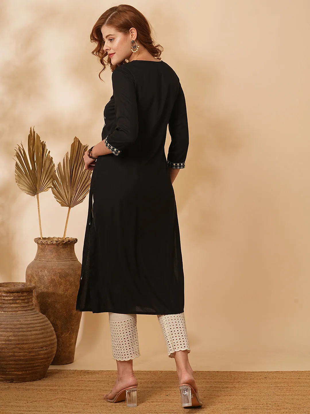 Ethnic Floral Zari & Mirror Embroidered Straight Fit Kurta - Black