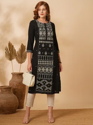 Ethnic Floral Zari & Mirror Embroidered Straight Fit Kurta - Black