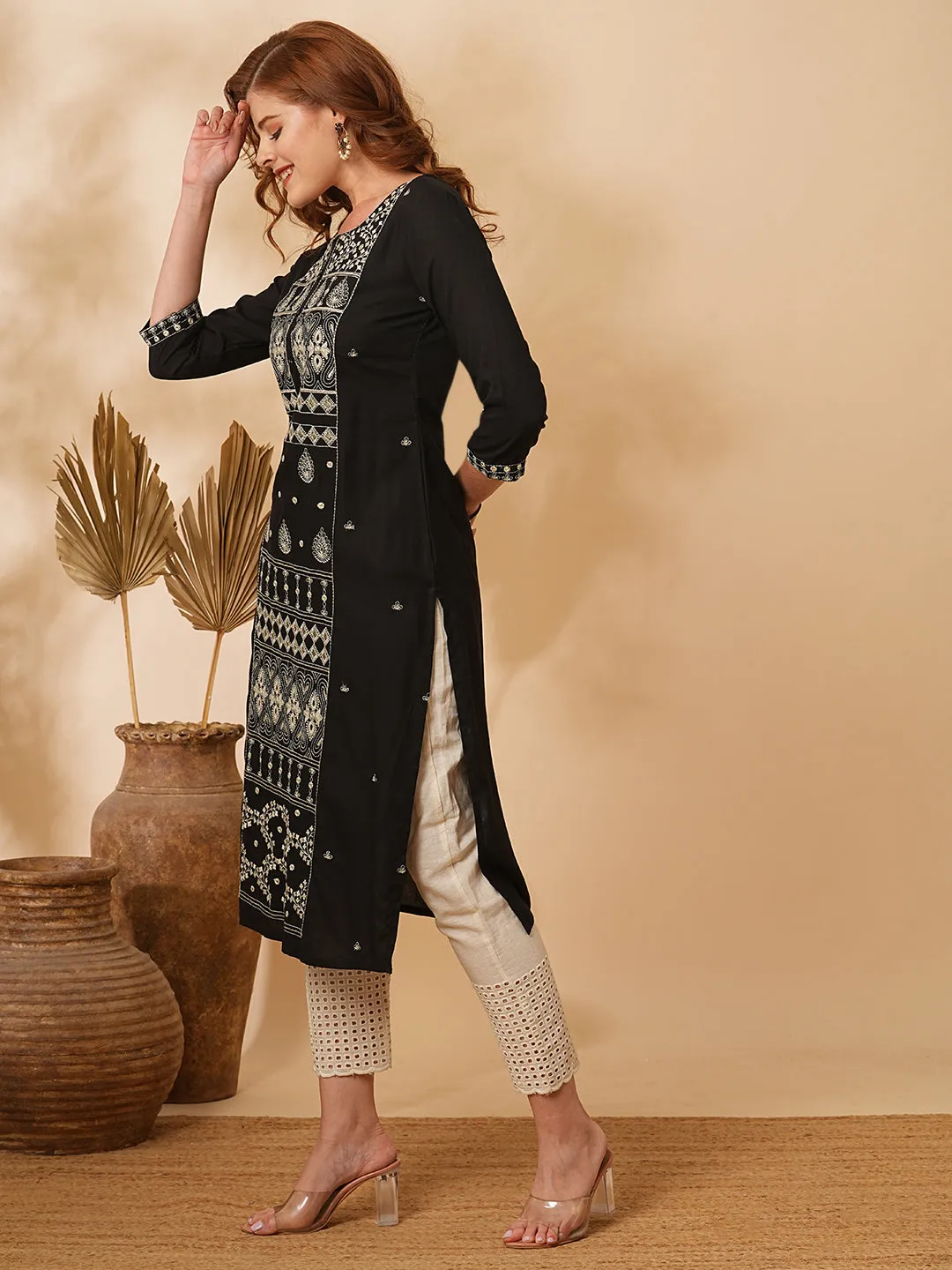 Ethnic Floral Zari & Mirror Embroidered Straight Fit Kurta - Black