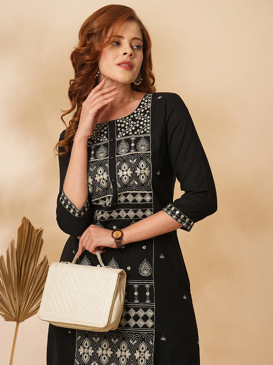 Ethnic Floral Zari & Mirror Embroidered Straight Fit Kurta - Black